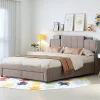ProximaX Lit double 160x200 cm en lin gris avec 2 tiroirs, tête de lit à poches latérales, rangements intégrés et LED* Lit Coffre