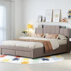 ProximaX Lit double 160x200 cm en lin gris avec 2 tiroirs, tête de lit à poches latérales, rangements intégrés et LED* Lit Coffre