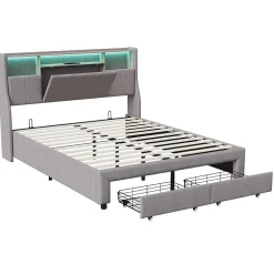 ProximaX Lit double 160x200 cm en lin gris avec 2 tiroirs, tête de lit à poches latérales, rangements intégrés et LED* Lit Coffre