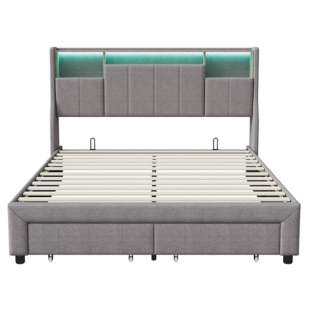 ProximaX Lit double 160x200 cm en lin gris avec 2 tiroirs, tête de lit à poches latérales, rangements intégrés et LED* Lit Coffre