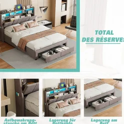 ProximaX Lit double 160x200 cm en lin gris avec 2 tiroirs, tête de lit à poches latérales, rangements intégrés et LED* Lit Coffre