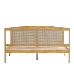 ProximaX Lit Double 160x200 cm en Pin et Rotin PE avec Coussin, 15 Lattes et Pied Central, Lit pour Adolescents et Adultes* Lit Coffre
