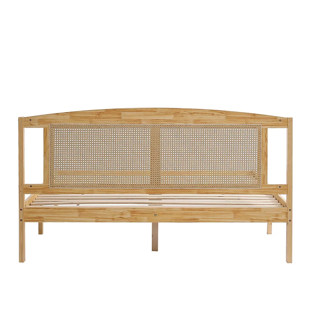 ProximaX Lit Double 160x200 cm en Pin et Rotin PE avec Coussin, 15 Lattes et Pied Central, Lit pour Adolescents et Adultes* Lit Coffre