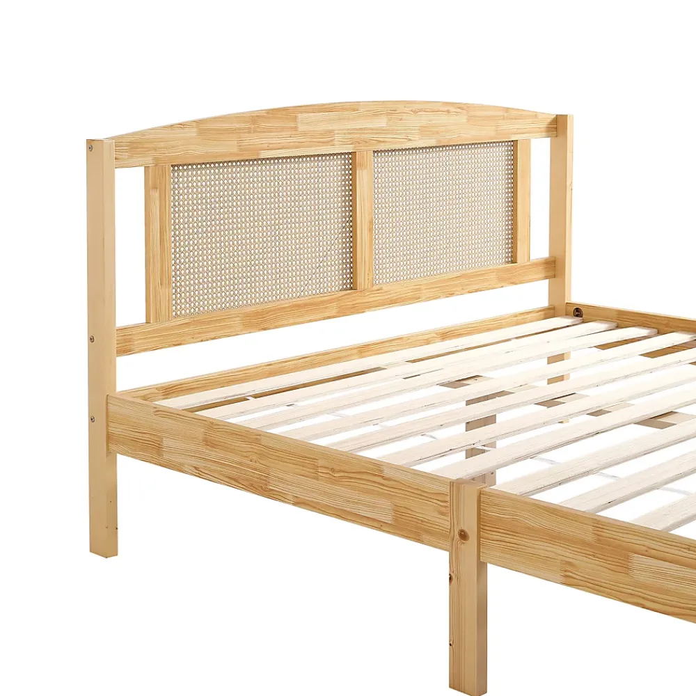 ProximaX Lit Double 160x200 cm en Pin et Rotin PE avec Coussin, 15 Lattes et Pied Central, Lit pour Adolescents et Adultes* Lit Coffre