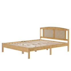 ProximaX Lit Double 160x200 cm en Pin et Rotin PE avec Coussin, 15 Lattes et Pied Central, Lit pour Adolescents et Adultes* Lit Coffre