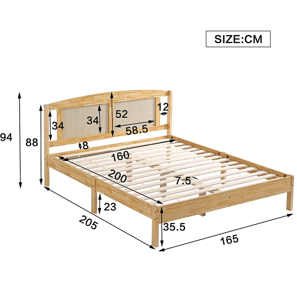 ProximaX Lit Double 160x200 cm en Pin et Rotin PE avec Coussin, 15 Lattes et Pied Central, Lit pour Adolescents et Adultes* Lit Coffre