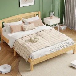 ProximaX Lit Double 160x200 cm en Pin et Rotin PE avec Coussin, 15 Lattes et Pied Central, Lit pour Adolescents et Adultes* Lit Coffre