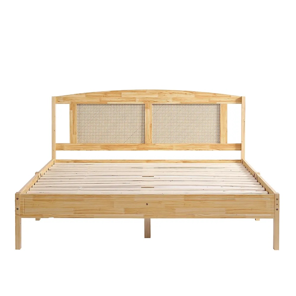 ProximaX Lit Double 160x200 cm en Pin et Rotin PE avec Coussin, 15 Lattes et Pied Central, Lit pour Adolescents et Adultes* Lit Coffre