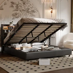 ProximaX Lit double 180x200 cm en PU noir avec coffre à vérin, tête de lit LED, rangement pratique et ports USB EU intégrés* Lit Coffre