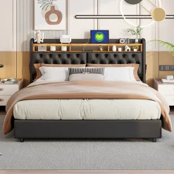 ProximaX Lit double 180x200 cm en PU noir avec coffre à vérin, tête de lit LED, rangement pratique et ports USB EU intégrés* Lit Coffre
