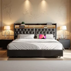 ProximaX Lit double 180x200 cm en PU noir avec coffre à vérin, tête de lit LED, rangement pratique et ports USB EU intégrés* Lit Coffre