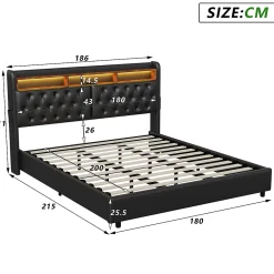 ProximaX Lit double 180x200 cm en PU noir avec coffre à vérin, tête de lit LED, rangement pratique et ports USB EU intégrés* Lit Coffre