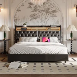 ProximaX Lit double 180x200 cm en PU noir avec coffre à vérin, tête de lit LED, rangement pratique et ports USB EU intégrés* Lit Coffre