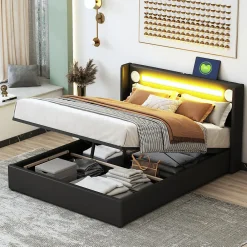 Lit double 140x200 cm en similicuir noir avec LED, lecteur Bluetooth, ports USB et rangement, lit pratique et moderne>ProximaX Sale