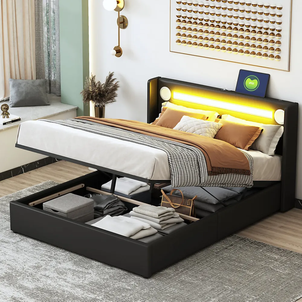 Lit double 140x200 cm en similicuir noir avec LED, lecteur Bluetooth, ports USB et rangement, lit pratique et moderne>ProximaX Sale