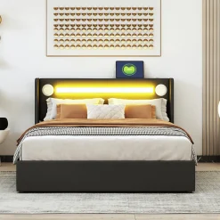 Lit double 140x200 cm en similicuir noir avec LED, lecteur Bluetooth, ports USB et rangement, lit pratique et moderne>ProximaX Sale