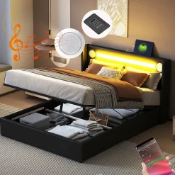Lit double 140x200 cm en similicuir noir avec LED, lecteur Bluetooth, ports USB et rangement, lit pratique et moderne><noscript><img width=