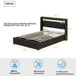 Lit double 140x200 cm en similicuir noir avec LED, lecteur Bluetooth, ports USB et rangement, lit pratique et moderne><noscript><img width=