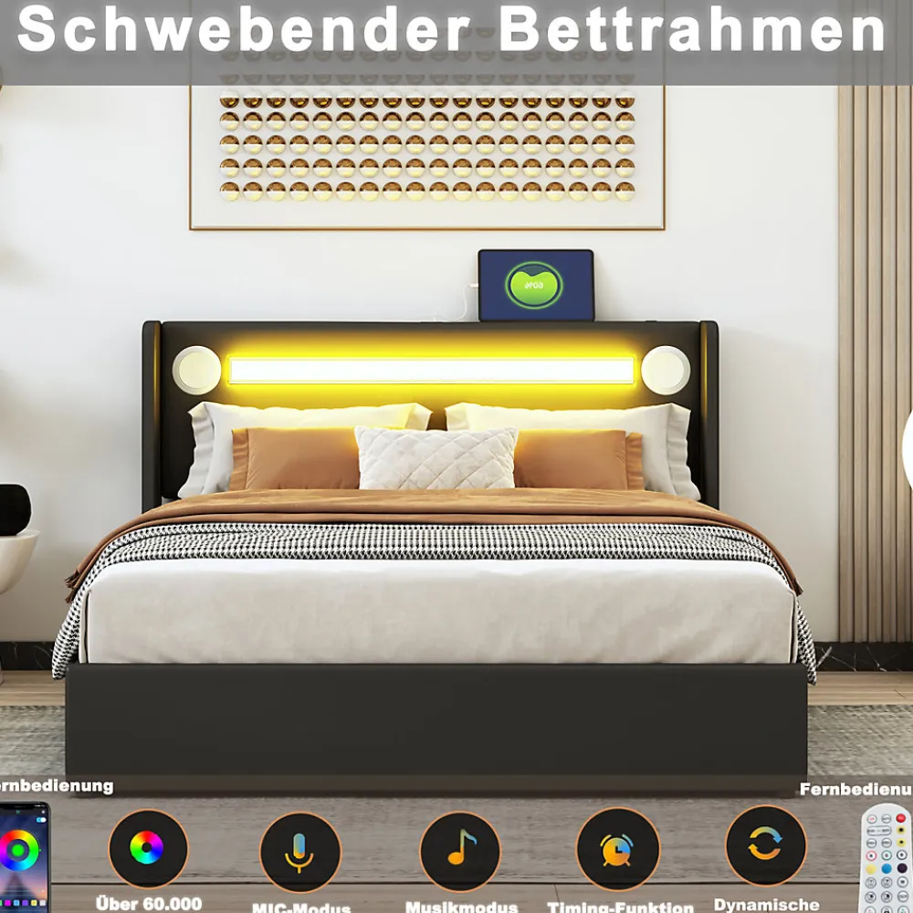 Lit double 140x200 cm en similicuir noir avec LED, lecteur Bluetooth, ports USB et rangement, lit pratique et moderne>ProximaX Sale