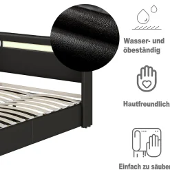 Lit double 140x200 cm en similicuir noir avec LED, lecteur Bluetooth, ports USB et rangement, lit pratique et moderne><noscript><img width=