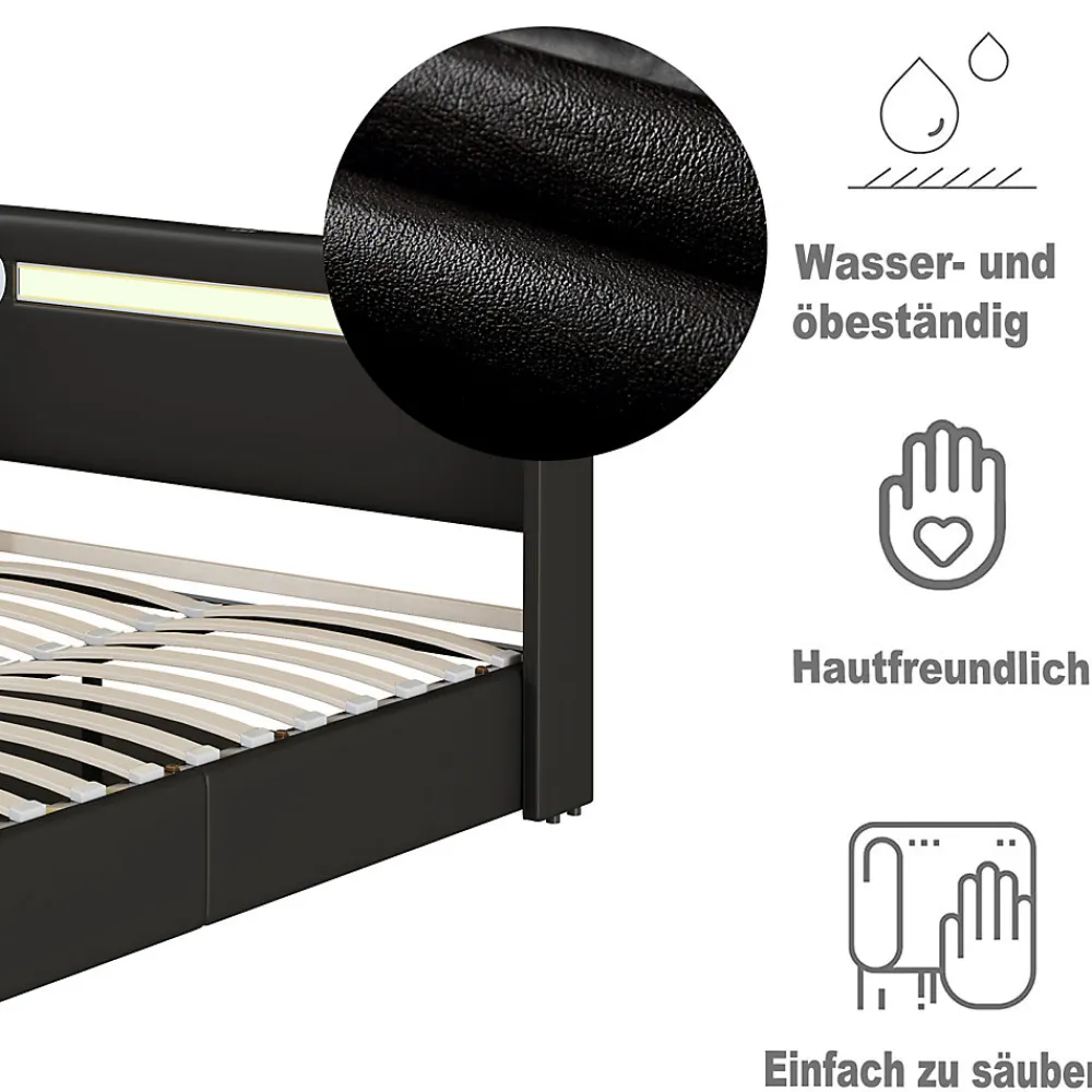 Lit double 140x200 cm en similicuir noir avec LED, lecteur Bluetooth, ports USB et rangement, lit pratique et moderne>ProximaX Sale