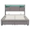 ProximaX Lit double 140x200 cm en tissu lin gris, avec 2 tiroirs, tête de lit à poches latérales, rangements intégrés et éclairage LED* Lit Coffre