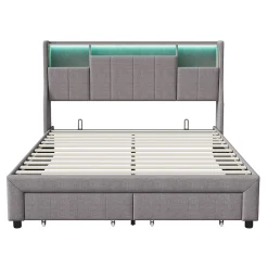 ProximaX Lit double 140x200 cm en tissu lin gris, avec 2 tiroirs, tête de lit à poches latérales, rangements intégrés et éclairage LED* Lit Coffre