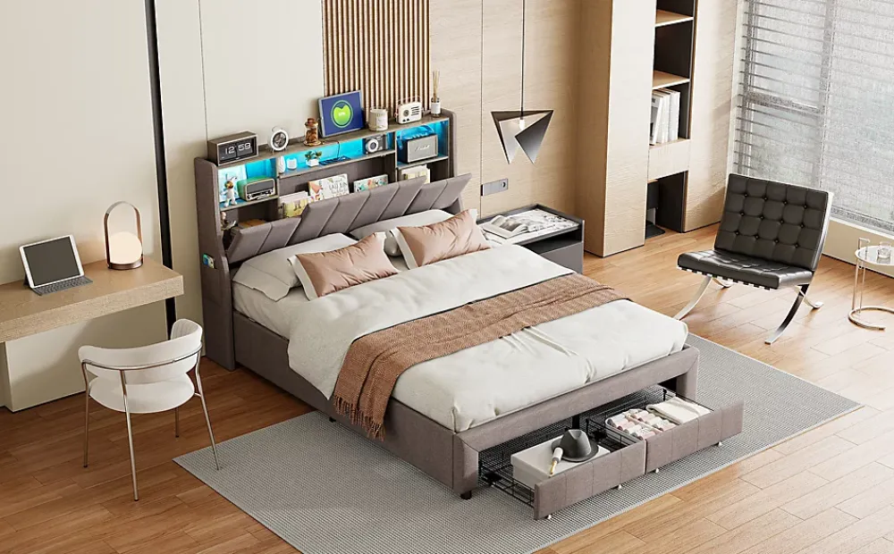 ProximaX Lit double 140x200 cm en tissu lin gris, avec 2 tiroirs, tête de lit à poches latérales, rangements intégrés et éclairage LED* Lit Coffre