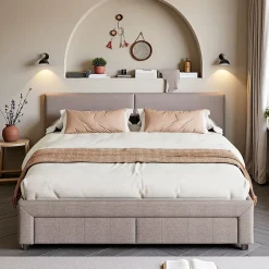 ProximaX Lit double 140x200 cm en tissu lin gris, avec 2 tiroirs, tête de lit à poches latérales, rangements intégrés et éclairage LED* Lit Coffre