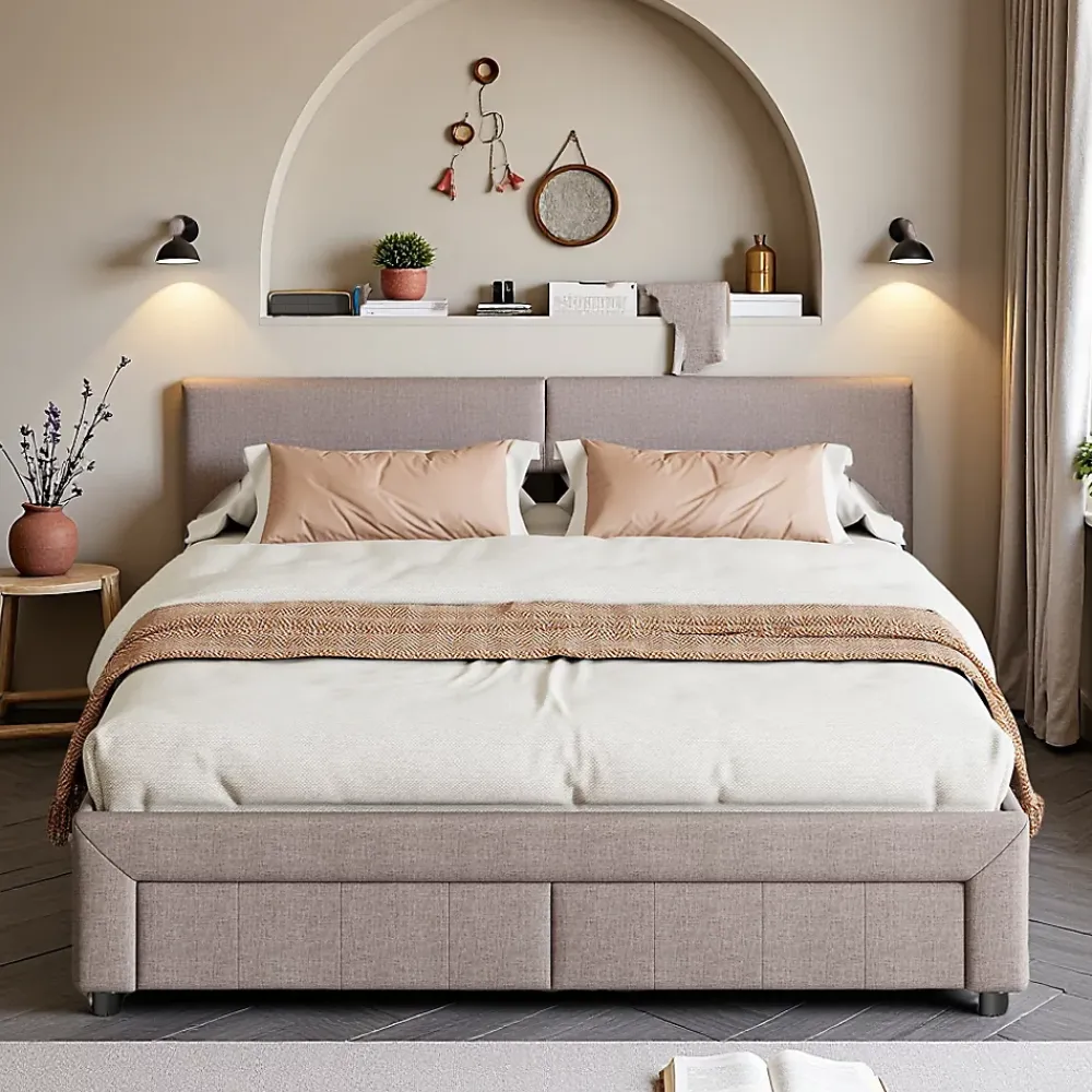 ProximaX Lit double 140x200 cm en tissu lin gris, avec 2 tiroirs, tête de lit à poches latérales, rangements intégrés et éclairage LED* Lit Coffre