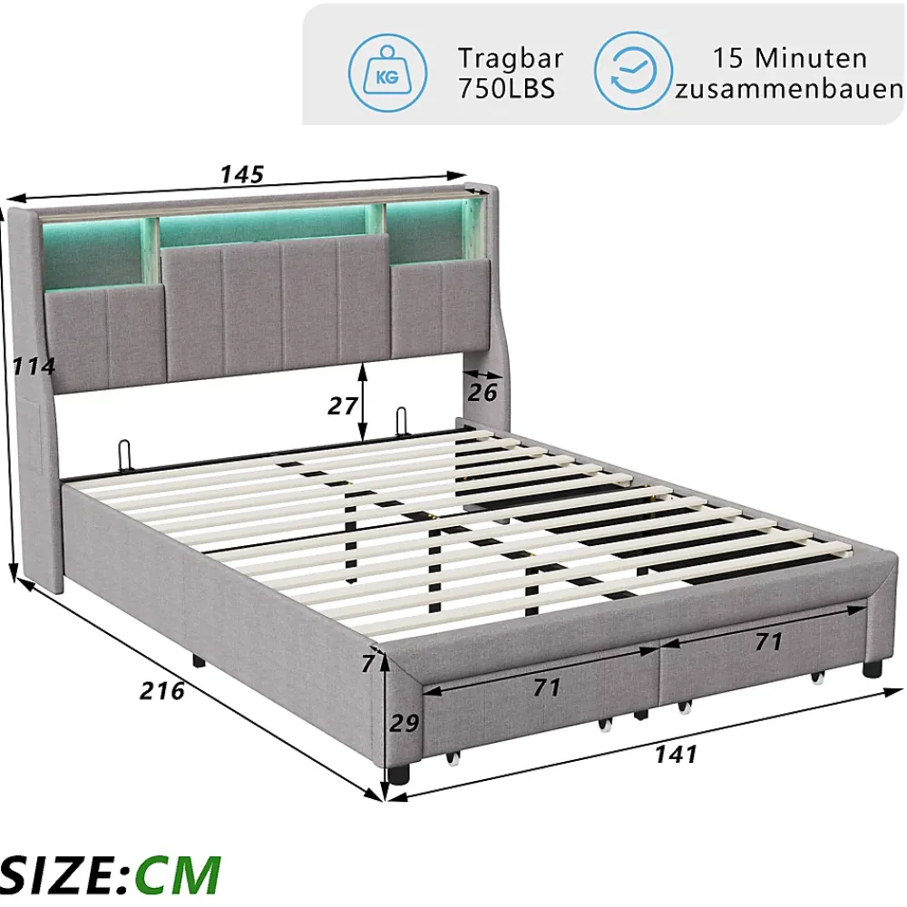 ProximaX Lit double 140x200 cm en tissu lin gris, avec 2 tiroirs, tête de lit à poches latérales, rangements intégrés et éclairage LED* Lit Coffre