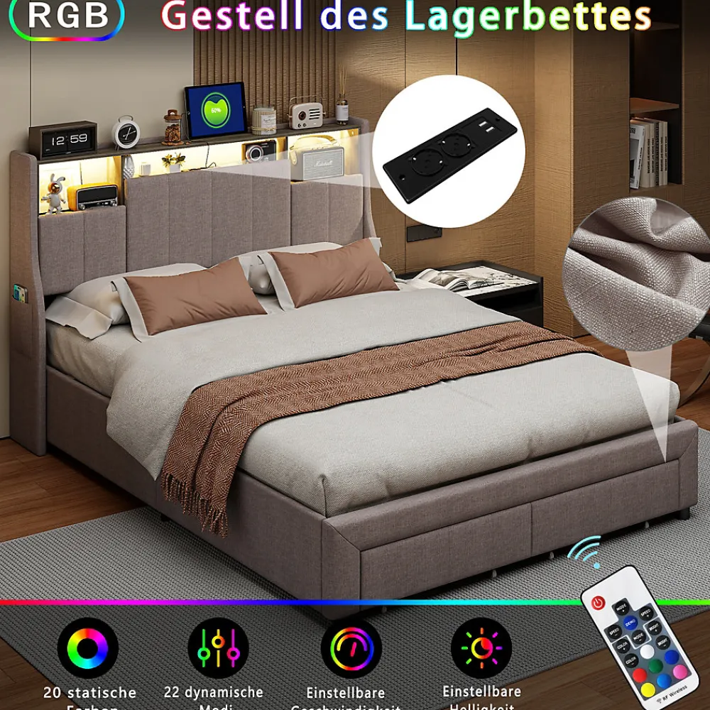 ProximaX Lit double 140x200 cm en tissu lin gris, avec 2 tiroirs, tête de lit à poches latérales, rangements intégrés et éclairage LED* Lit Coffre
