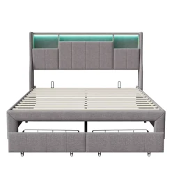 ProximaX Lit double 140x200 cm en tissu lin gris, avec 2 tiroirs, tête de lit à poches latérales, rangements intégrés et éclairage LED* Lit Coffre