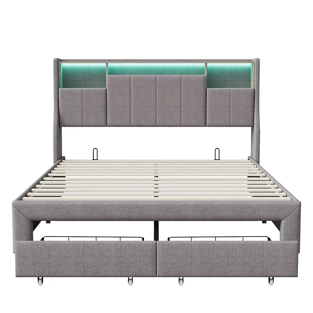 ProximaX Lit double 140x200 cm en tissu lin gris, avec 2 tiroirs, tête de lit à poches latérales, rangements intégrés et éclairage LED* Lit Coffre