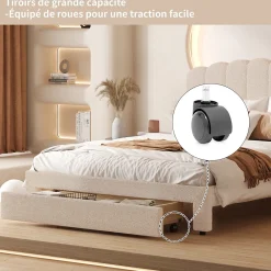 Lit double 160x200 cm en tissu teddy beige, Tiroirs de rangement au pied du lit et ports USB intégrés>ProximaX Best