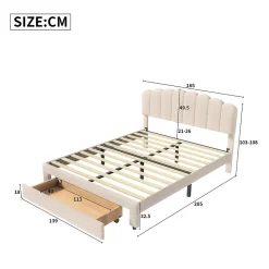 Lit double 160x200 cm en tissu teddy beige, Tiroirs de rangement au pied du lit et ports USB intégrés><noscript><img width=