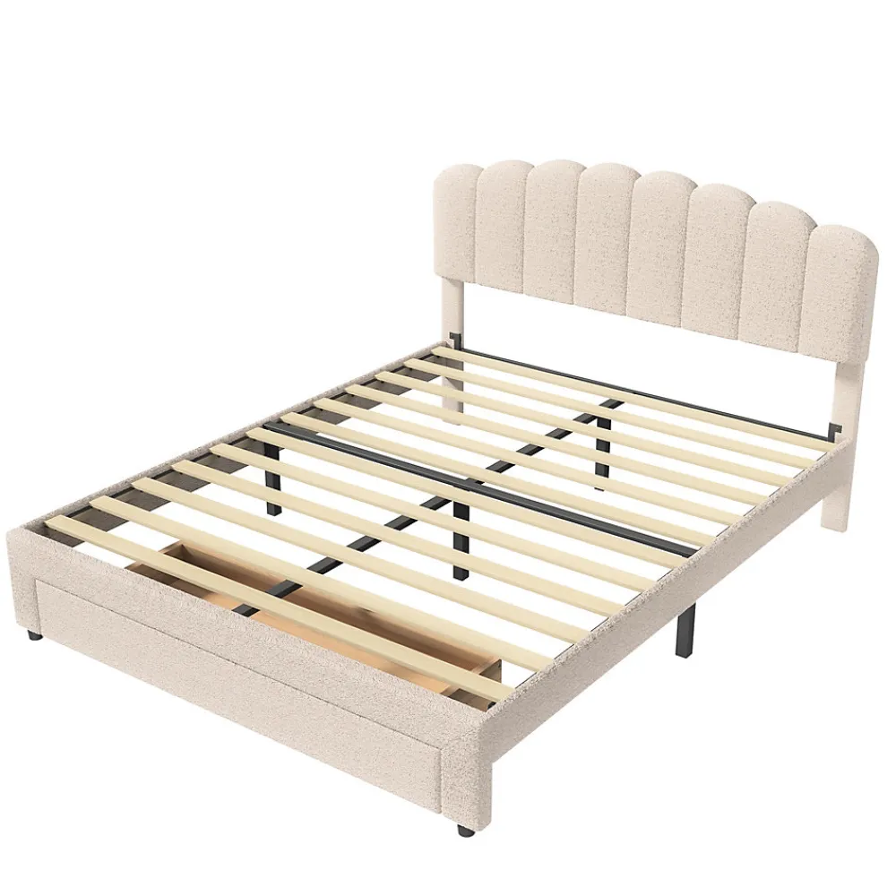 Lit double 160x200 cm en tissu teddy beige, Tiroirs de rangement au pied du lit et ports USB intégrés>ProximaX Best