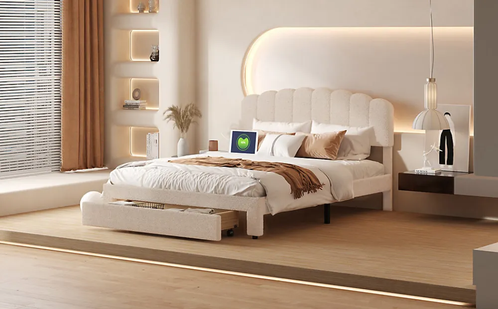 Lit double 160x200 cm en tissu teddy beige, Tiroirs de rangement au pied du lit et ports USB intégrés>ProximaX Best