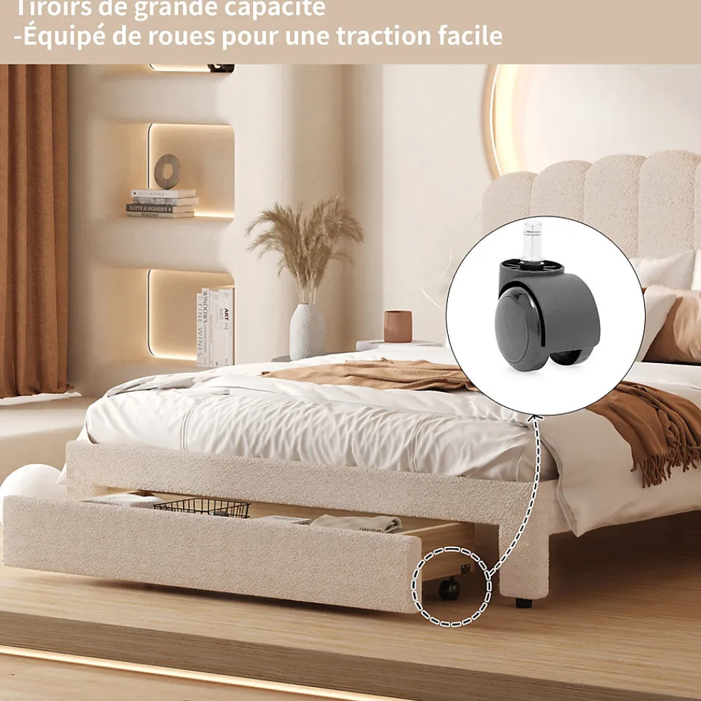 Lit double 140x200 cm en tissu teddy beige, Tiroirs de rangement au pied du lit et ports USB intégrés>ProximaX Discount