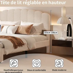 Lit double 140x200 cm en tissu teddy beige, Tiroirs de rangement au pied du lit et ports USB intégrés><noscript><img width=