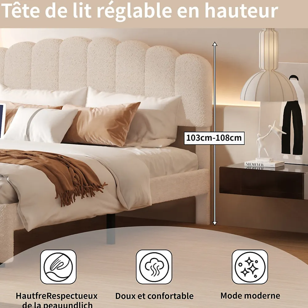 Lit double 140x200 cm en tissu teddy beige, Tiroirs de rangement au pied du lit et ports USB intégrés>ProximaX Discount