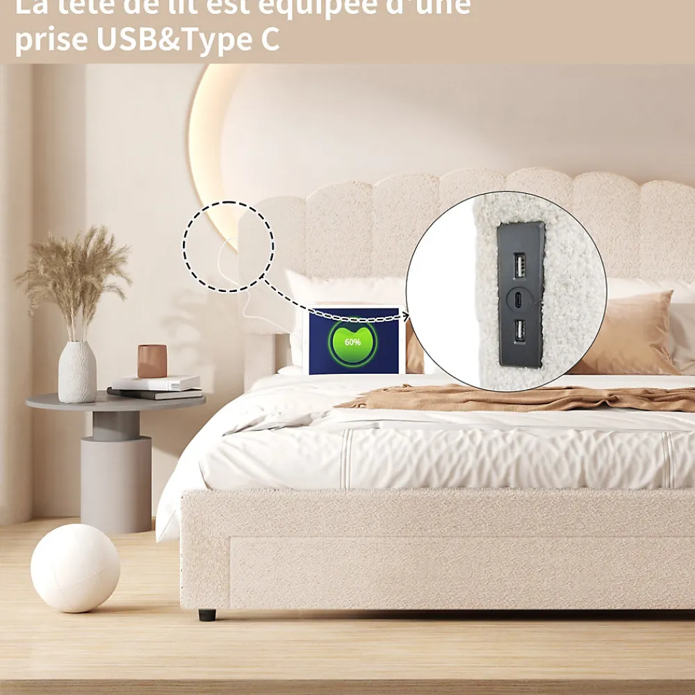 Lit double 140x200 cm en tissu teddy beige, Tiroirs de rangement au pied du lit et ports USB intégrés>ProximaX Discount