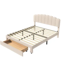 Lit double 140x200 cm en tissu teddy beige, Tiroirs de rangement au pied du lit et ports USB intégrés><noscript><img width=