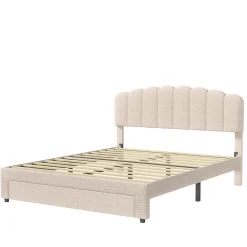 Lit double 140x200 cm en tissu teddy beige, Tiroirs de rangement au pied du lit et ports USB intégrés><noscript><img width=