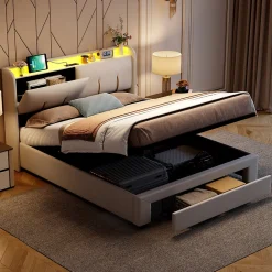 Lit double 160x200 cm en velours beige, avec rangement, LED et ports USB>Generique Sale