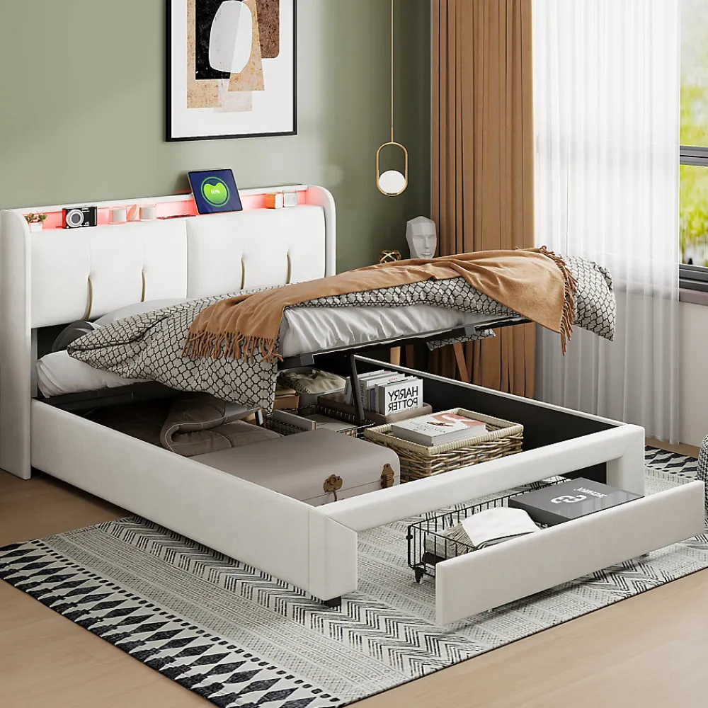 Lit double 160x200 cm en velours beige, avec rangement, LED et ports USB>Generique Sale