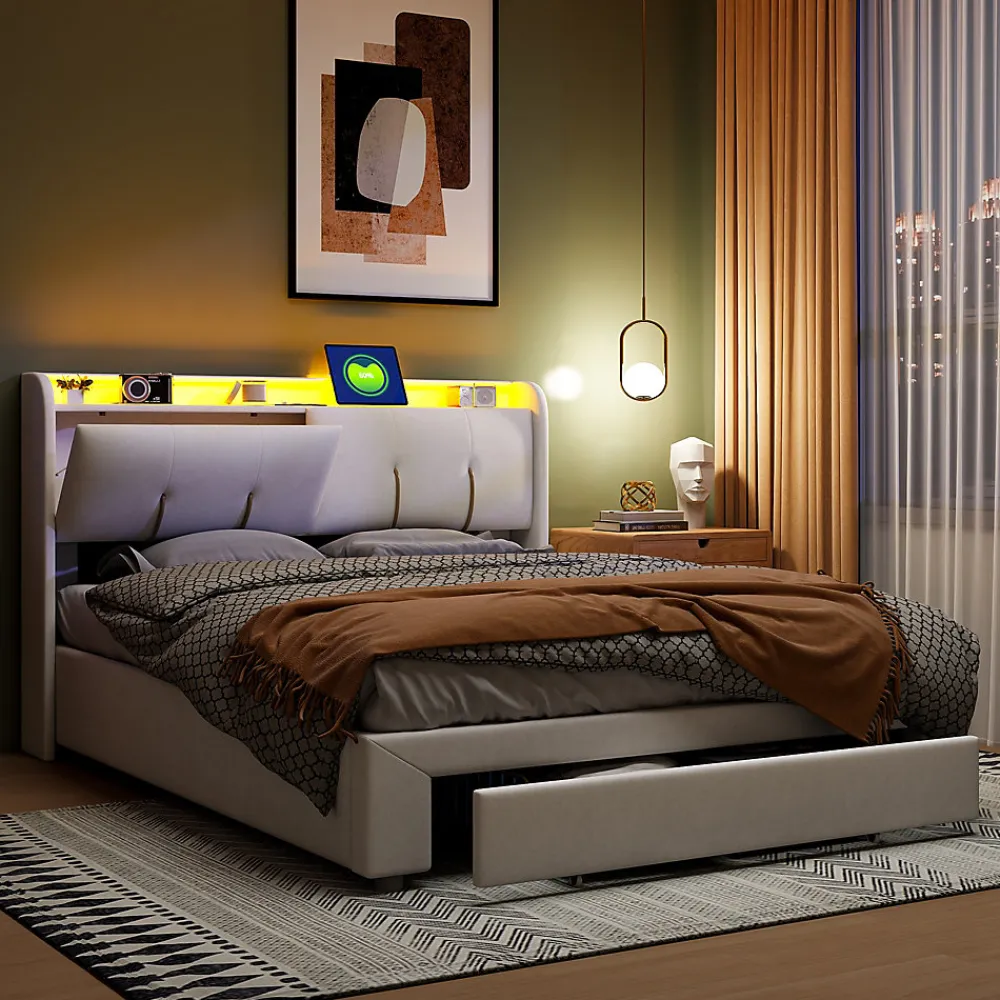 Lit double 160x200 cm en velours beige, avec rangement, LED et ports USB>Generique Sale