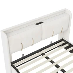 Lit double 160x200 cm en velours beige, avec rangement, LED et ports USB><noscript><img width=