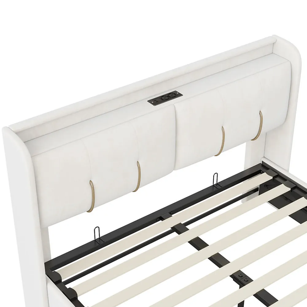 Lit double 160x200 cm en velours beige, avec rangement, LED et ports USB>Generique Sale