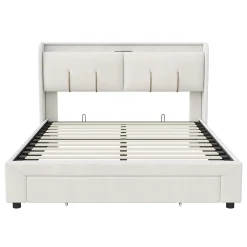 Lit double 160x200 cm en velours beige, avec rangement, LED et ports USB><noscript><img width=
